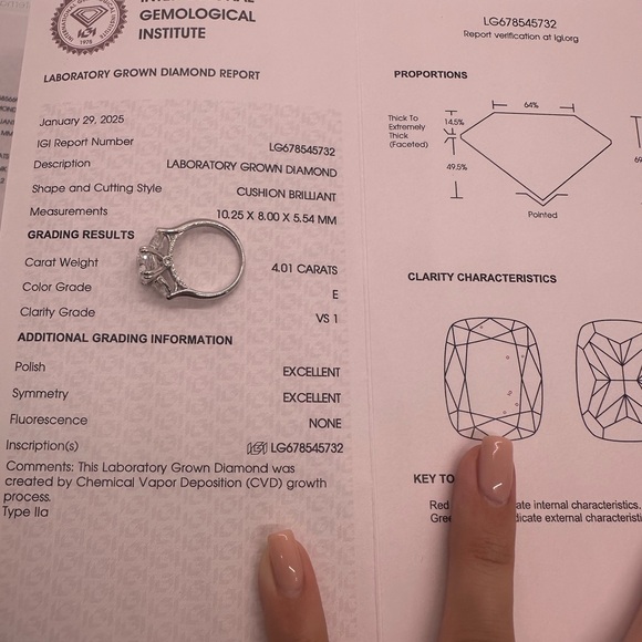 4.01 carat E VS1 elongated cushion with trillion side diamonds engagement ring - Picture 9 of 10